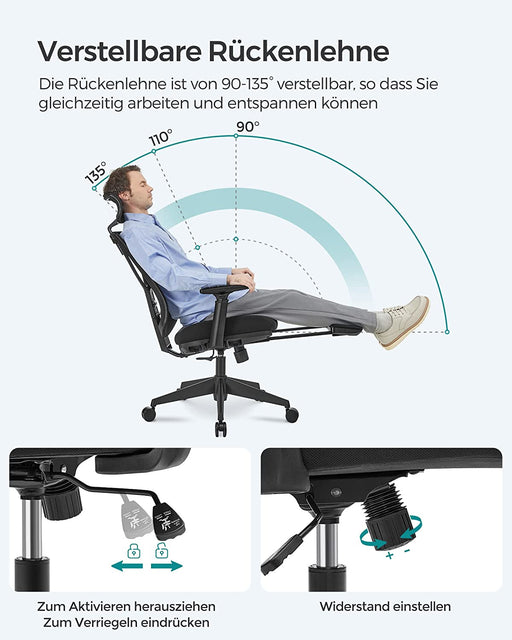 Scaun De Birou Ergonomic Cu Suport Pentru Picioare, Tetiera Si Cotiera Reglabile, Reglare Inaltime, Negru