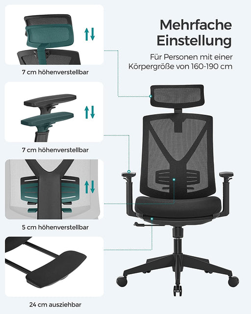 Scaun De Birou Ergonomic Cu Suport Pentru Picioare, Tetiera Si Cotiera Reglabile, Reglare Inaltime, Negru