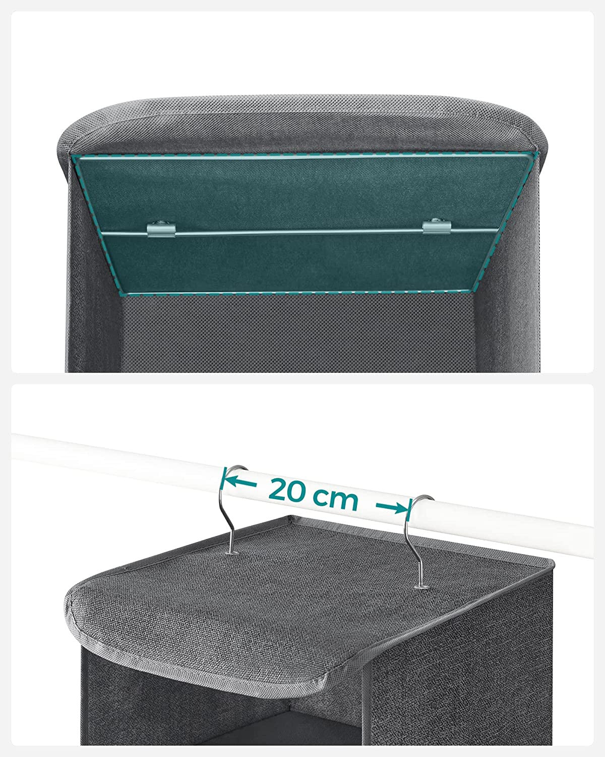 Rafturi De Depozitare Suspendate, Carlige Metalice Si Insertii Din Bambus, Gri, 30 Cm