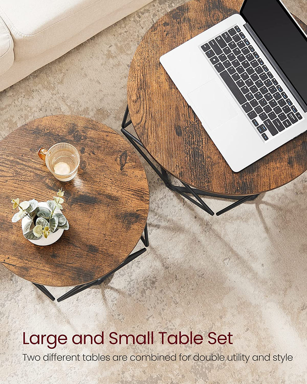 Set De 2 Masute De Cafea, Maro Rustic Si Negru