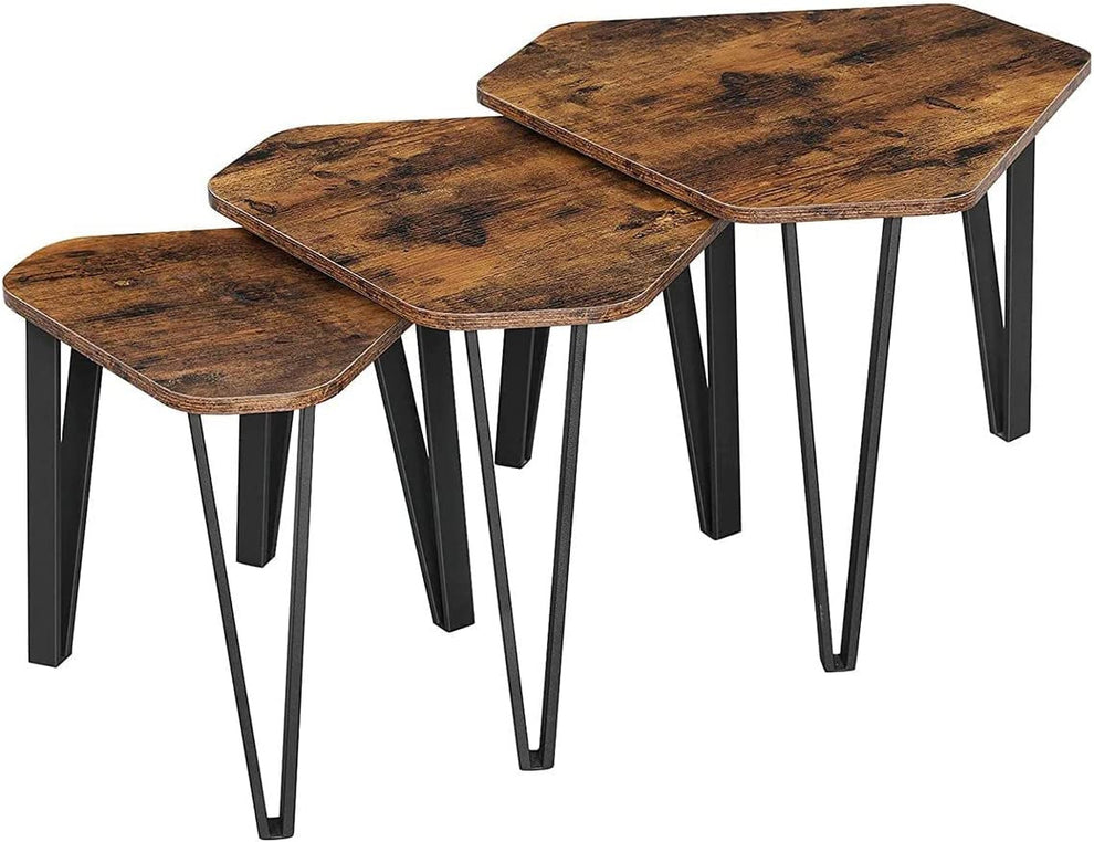 Set De 3 Masute De Cafea, Maro Rustic Si Negru