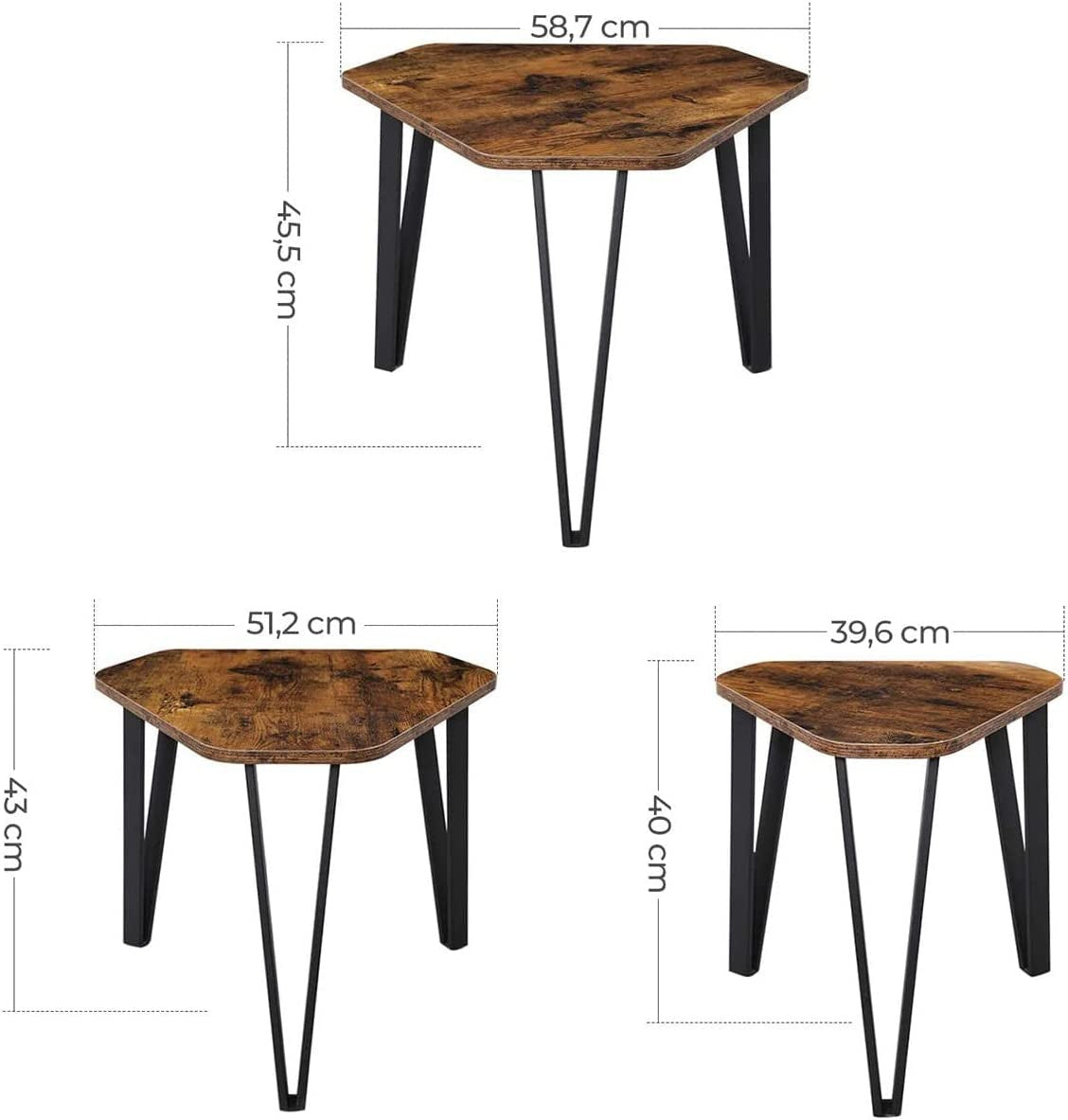 Set De 3 Masute De Cafea, Maro Rustic Si Negru