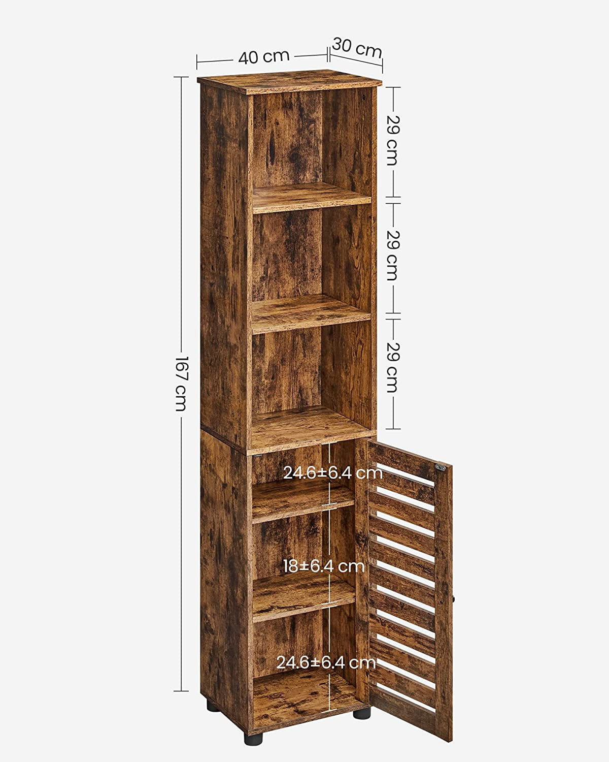 Dulap Inalt Pentru Baie, Cu 3 Compartimente Deschise Și 2 Rafturi Reglabile, Maro Rustic, 40 Cm