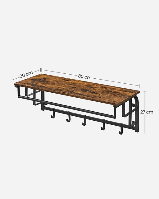 Raft De Perete Cu 5 Carlige Detasabile, Vintage Maro Si Negru, 80 Cm