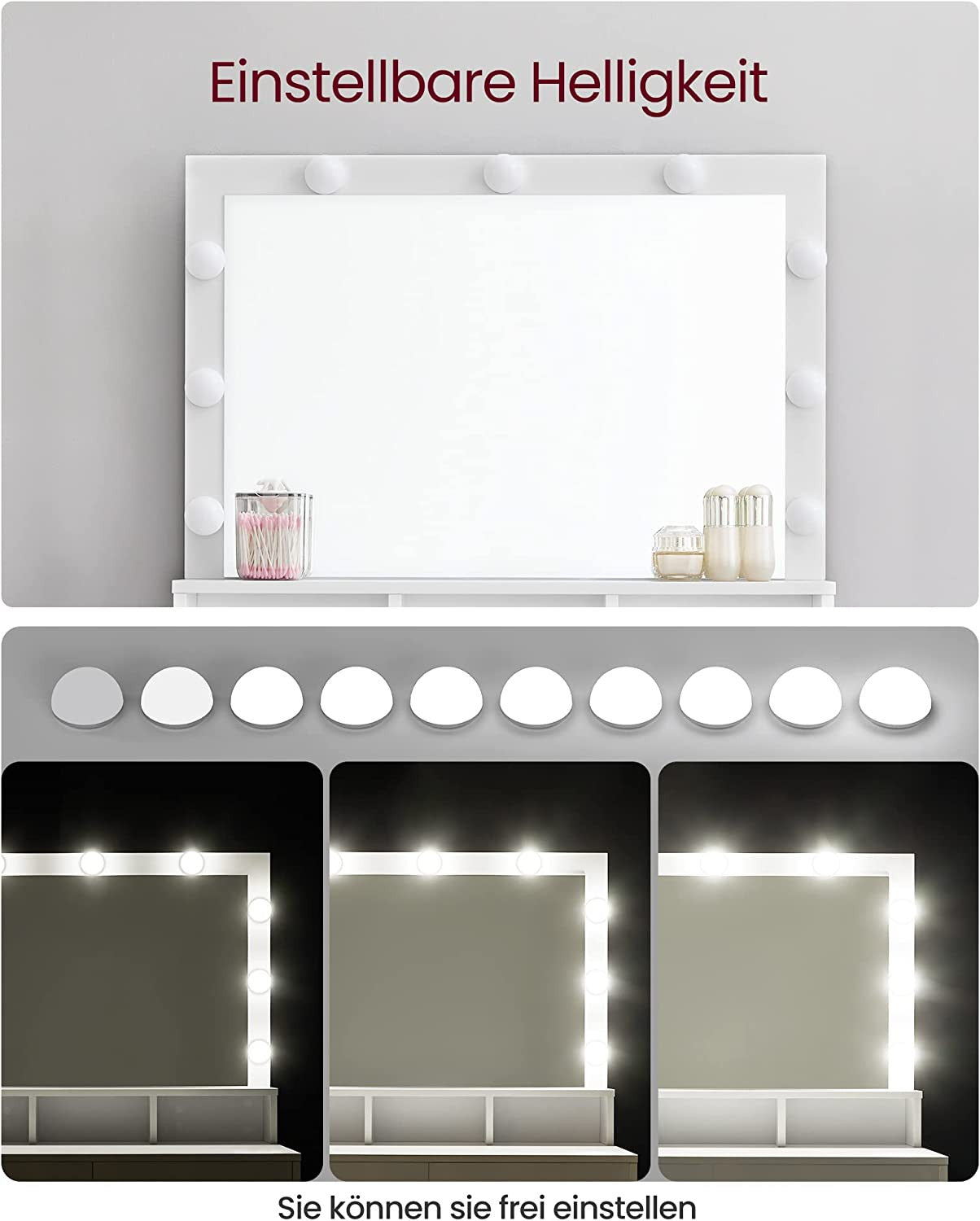 Masuta De Toaleta Cu Iluminare Led, Cu Oglinda, 2 Sertare Si 3 Compartimente, Alb, 80 Cm