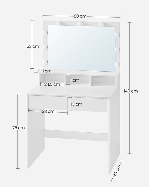 Masuta De Toaleta Cu Iluminare Led, Cu Oglinda, 2 Sertare Si 3 Compartimente, Alb, 80 Cm