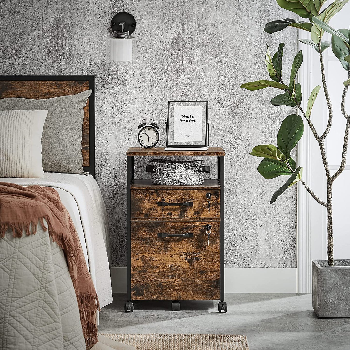 Dulap De Birou Mobil Cu 2 Sertare, Maro Rustic Si Negru, 42 Cm