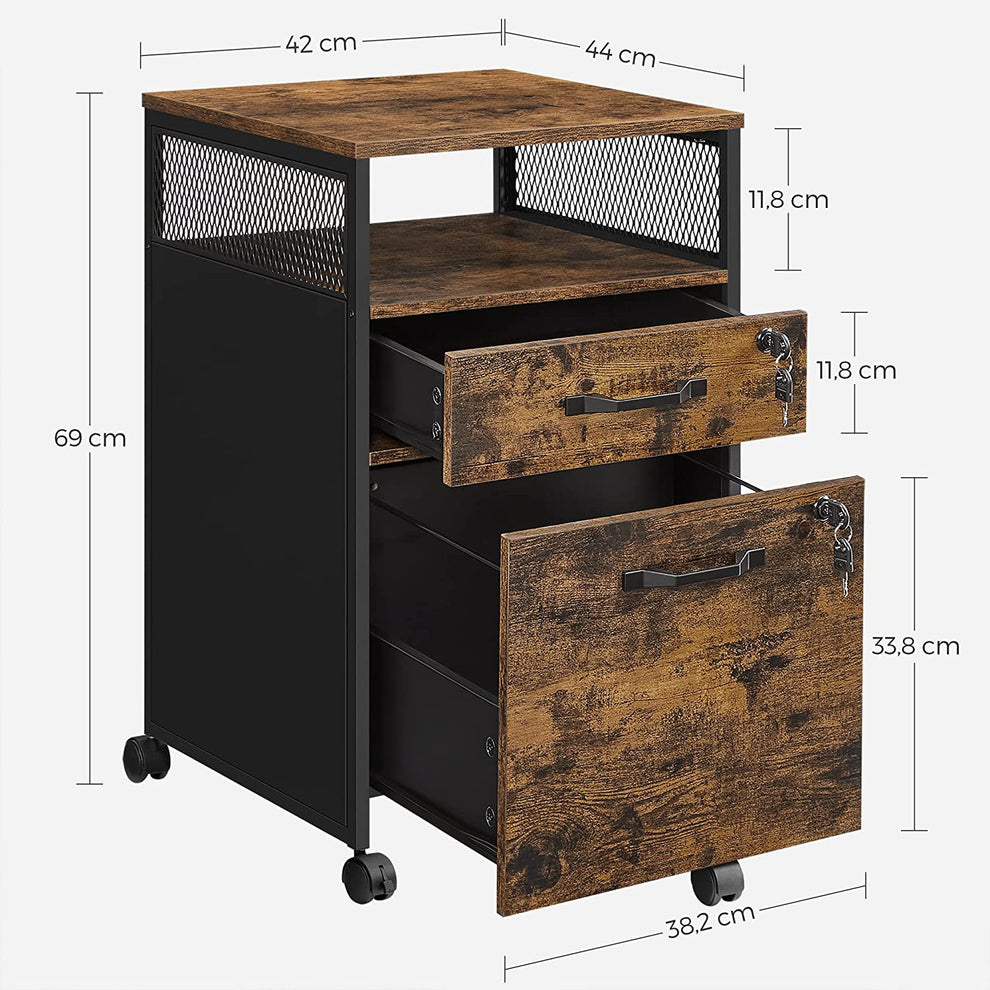Dulap De Birou Mobil Cu 2 Sertare, Maro Rustic Si Negru, 42 Cm