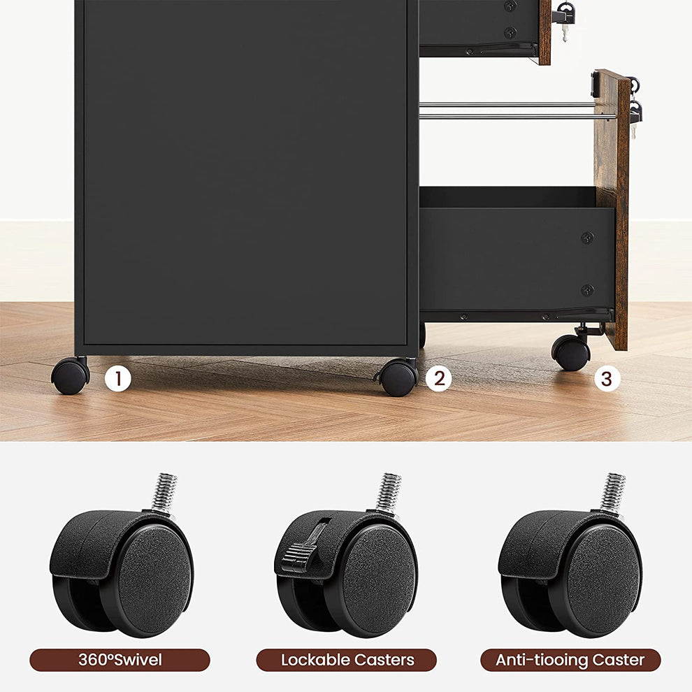 Dulap De Birou Mobil Cu 2 Sertare, Maro Rustic Si Negru, 42 Cm