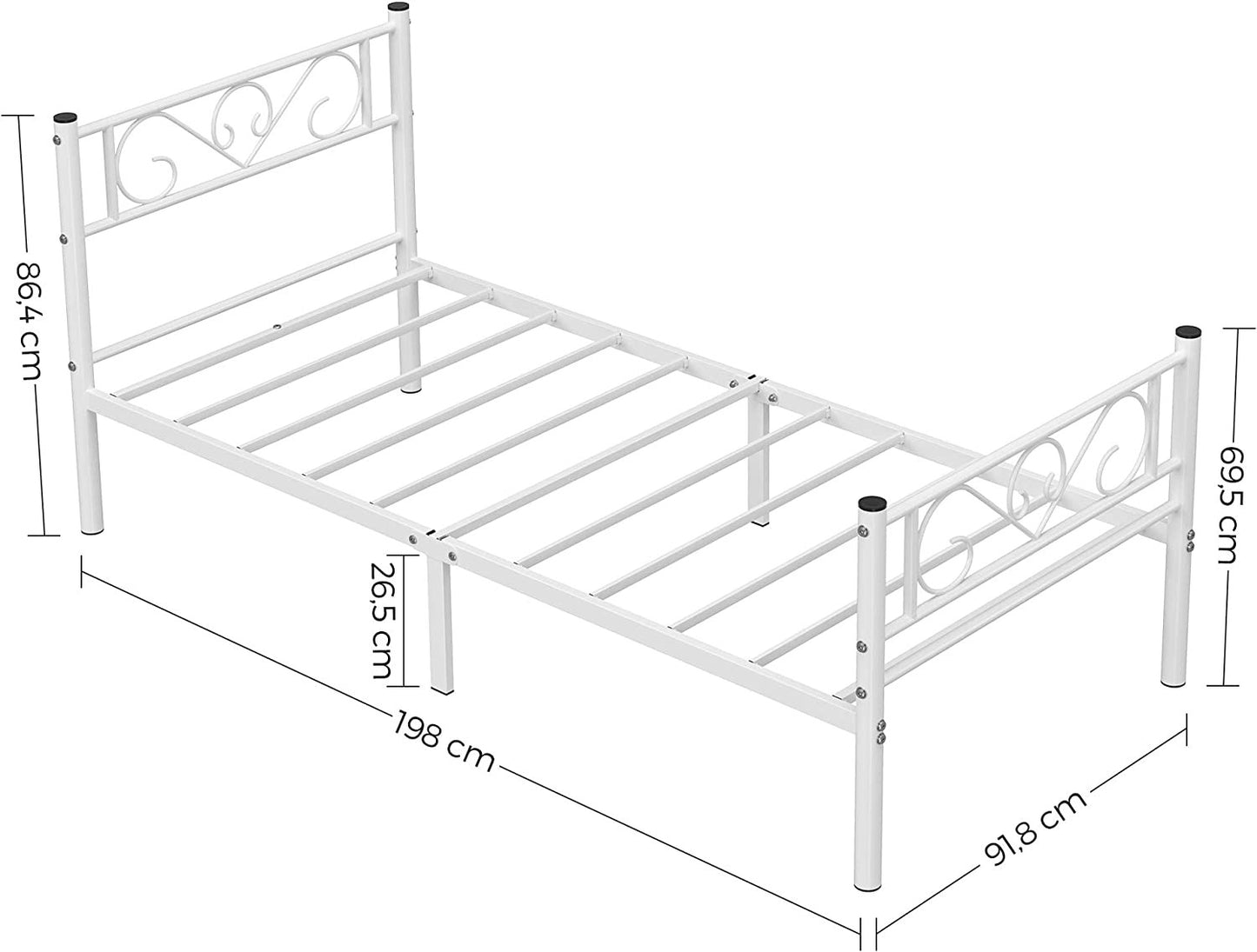 Cadru De Pat Din Metal, De O Persoana, Alb, 90 X 190 Cm