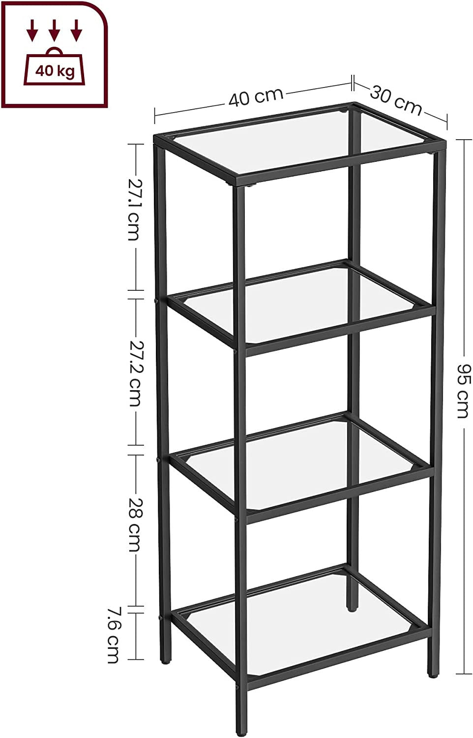 Raft Din Sticla Cu 4 Niveluri, Negru, 40 Cm
