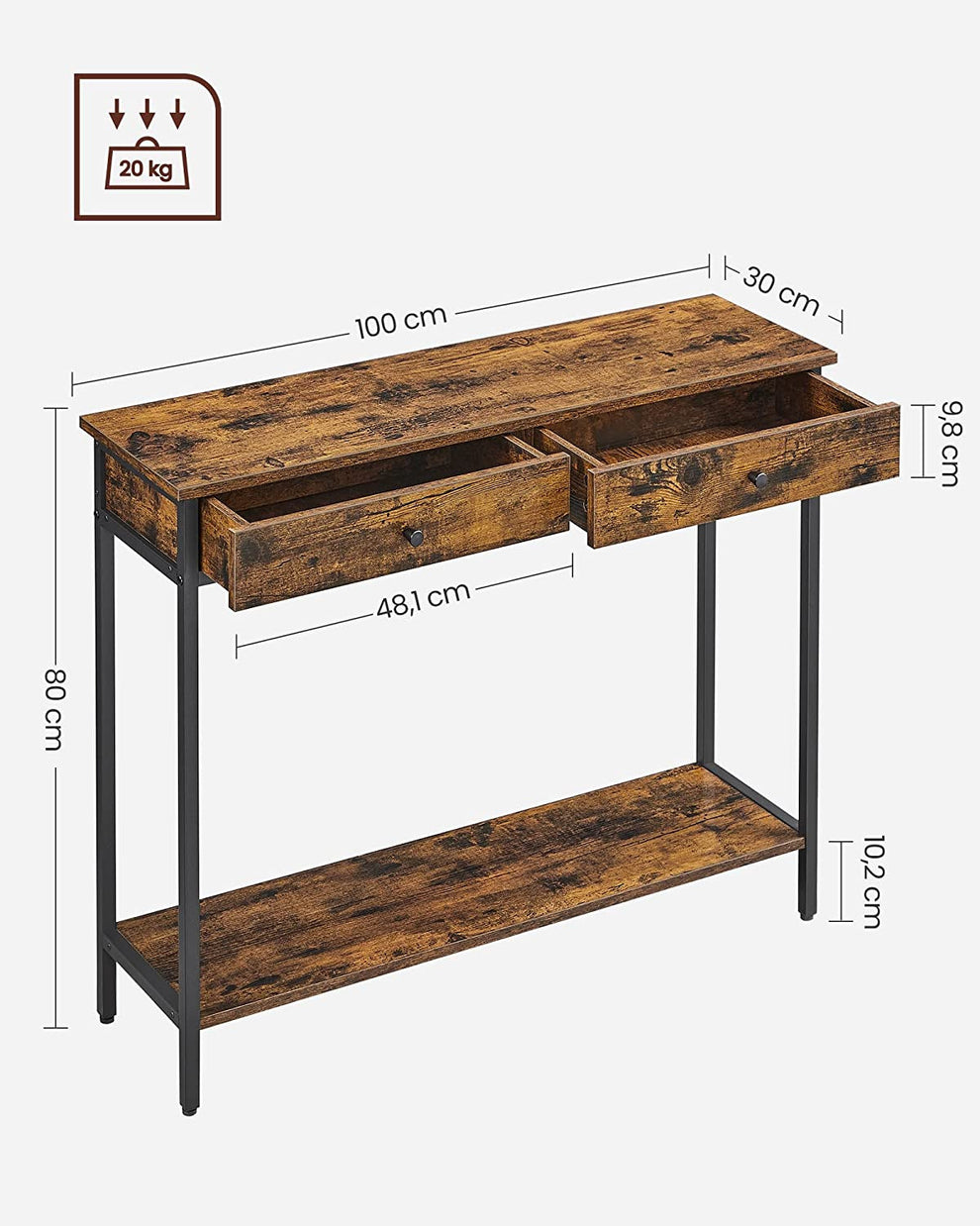 Consola Cu 2 Sertare, Vintage Maro Si Negru, 100 X 30 Cm