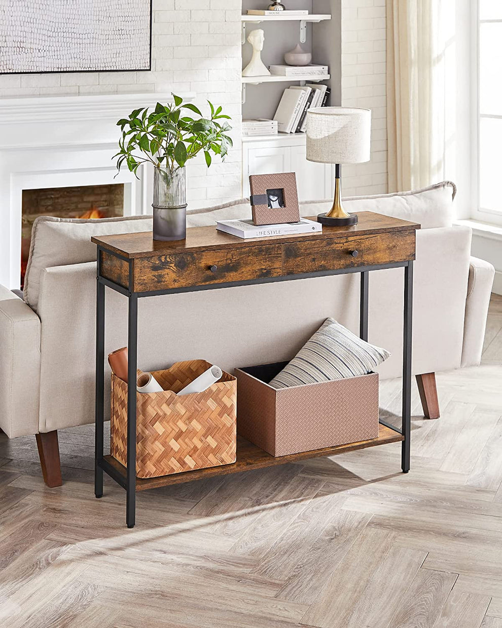 Consola Cu 2 Sertare, Vintage Maro Si Negru, 100 X 30 Cm