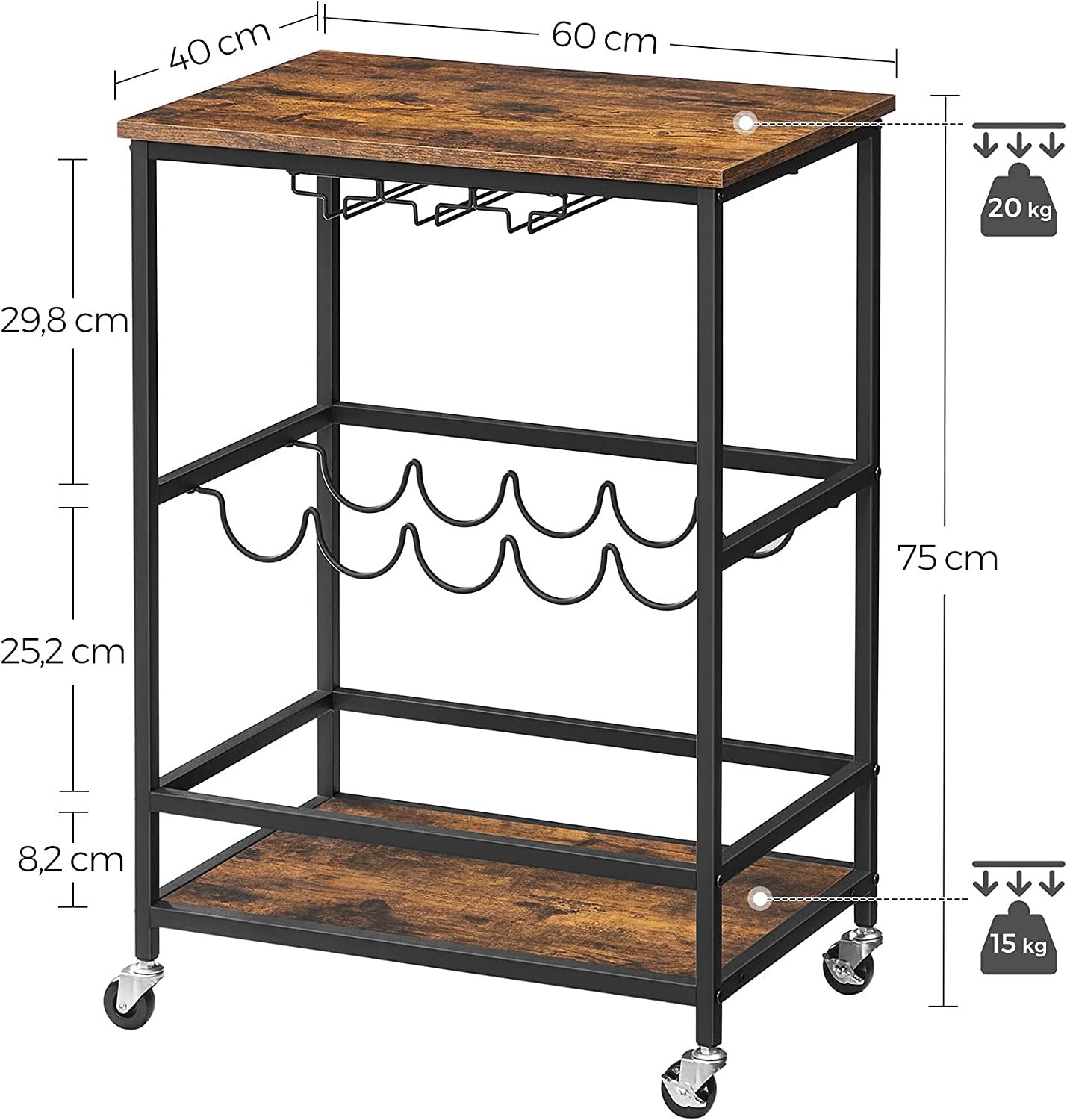 Carucior De Bar, Cu Suporturi Pentru Pahare Si Sticle, Vintage Maro Si Negru, 60 Cm
