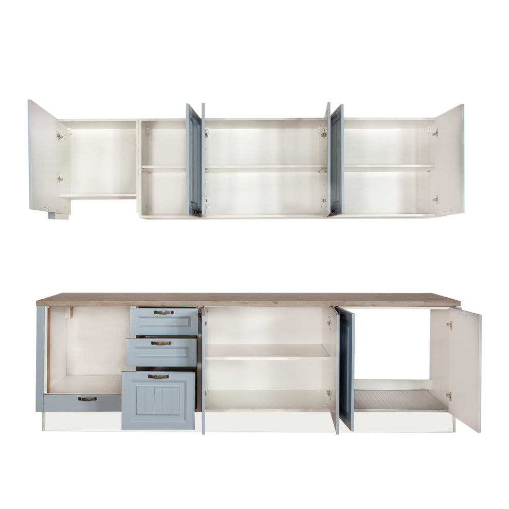 Bucatarie Malta Albastru Si Natur, Front Mdf Vopsit, 287 X 220 X 60 Cm