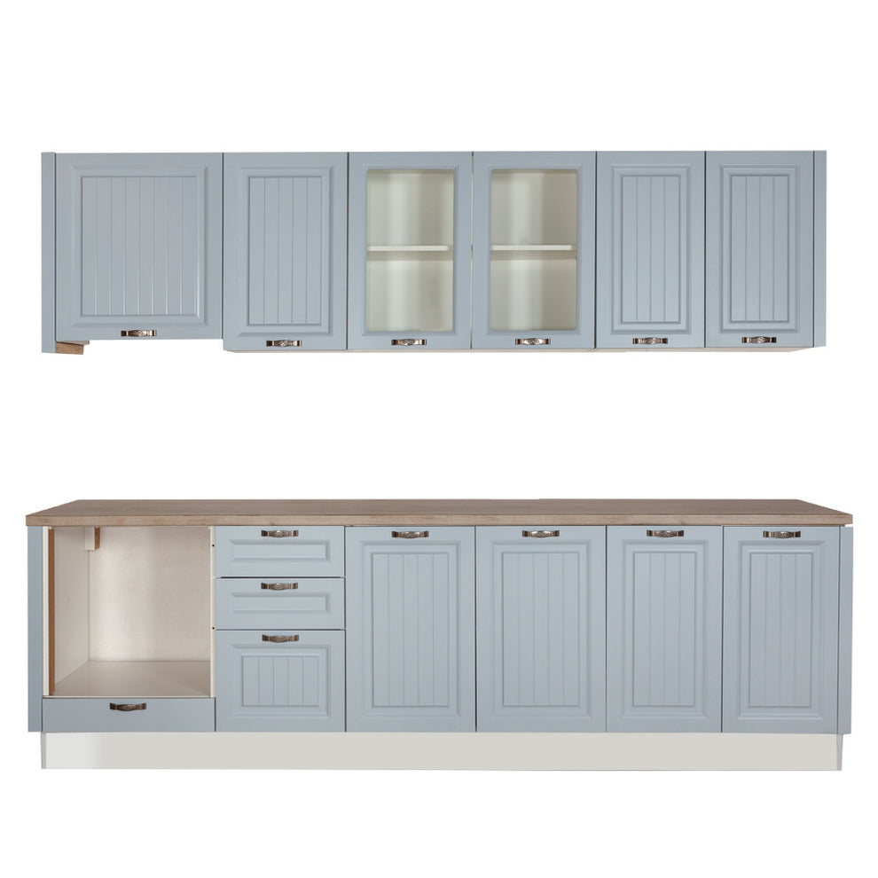 Bucatarie Malta Albastru Si Natur, Front Mdf Vopsit, 287 X 220 X 60 Cm