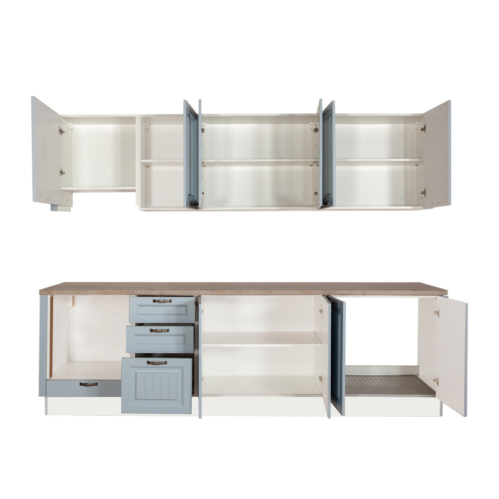 Bucatarie Malta Albastru Si Natur, Front Mdf Vopsit, 287 X 220 X 60 Cm