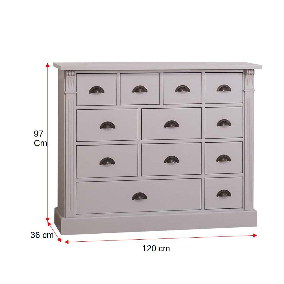 Comoda Cu 12 Sertare Odette Lemn Masiv, Gri, 120 Cm