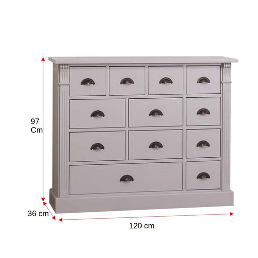 Comoda Cu 12 Sertare Odette Lemn Masiv, Gri, 120 Cm