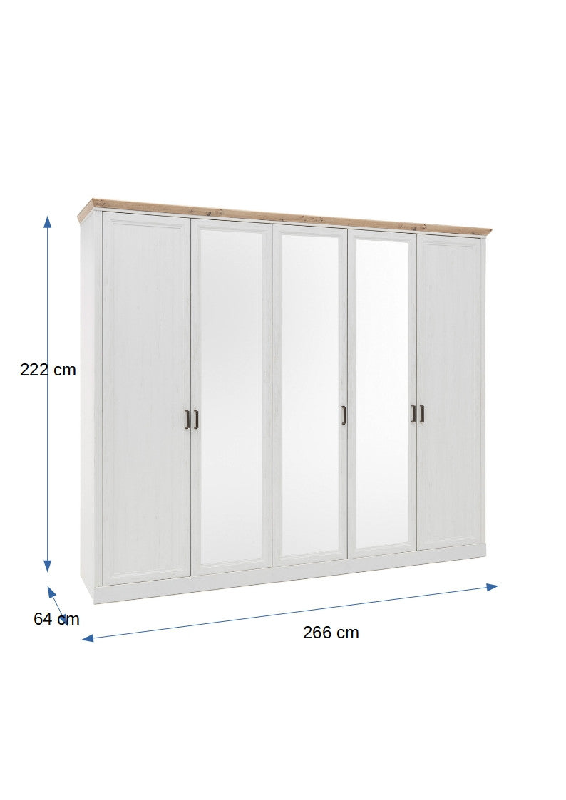 Dulap Cu Oglinda Cu 5 Usi Jasmine, Pin Alb Si Pin Antic, 266 Cm