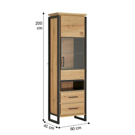 Vitrina Dreapta Reno Cu 1 Usa Si 2 Sertare, Smoked Oak, Furnir Din Lemn Masiv, 60 Cm