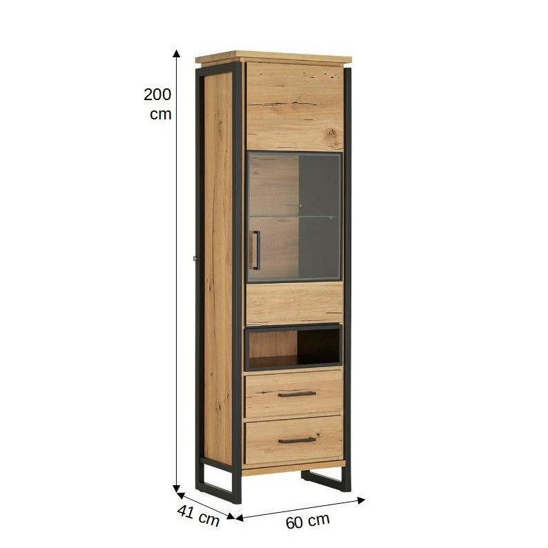 Vitrina Dreapta Reno Cu 1 Usa Si 2 Sertare, Smoked Oak, Furnir Din Lemn Masiv, 60 Cm