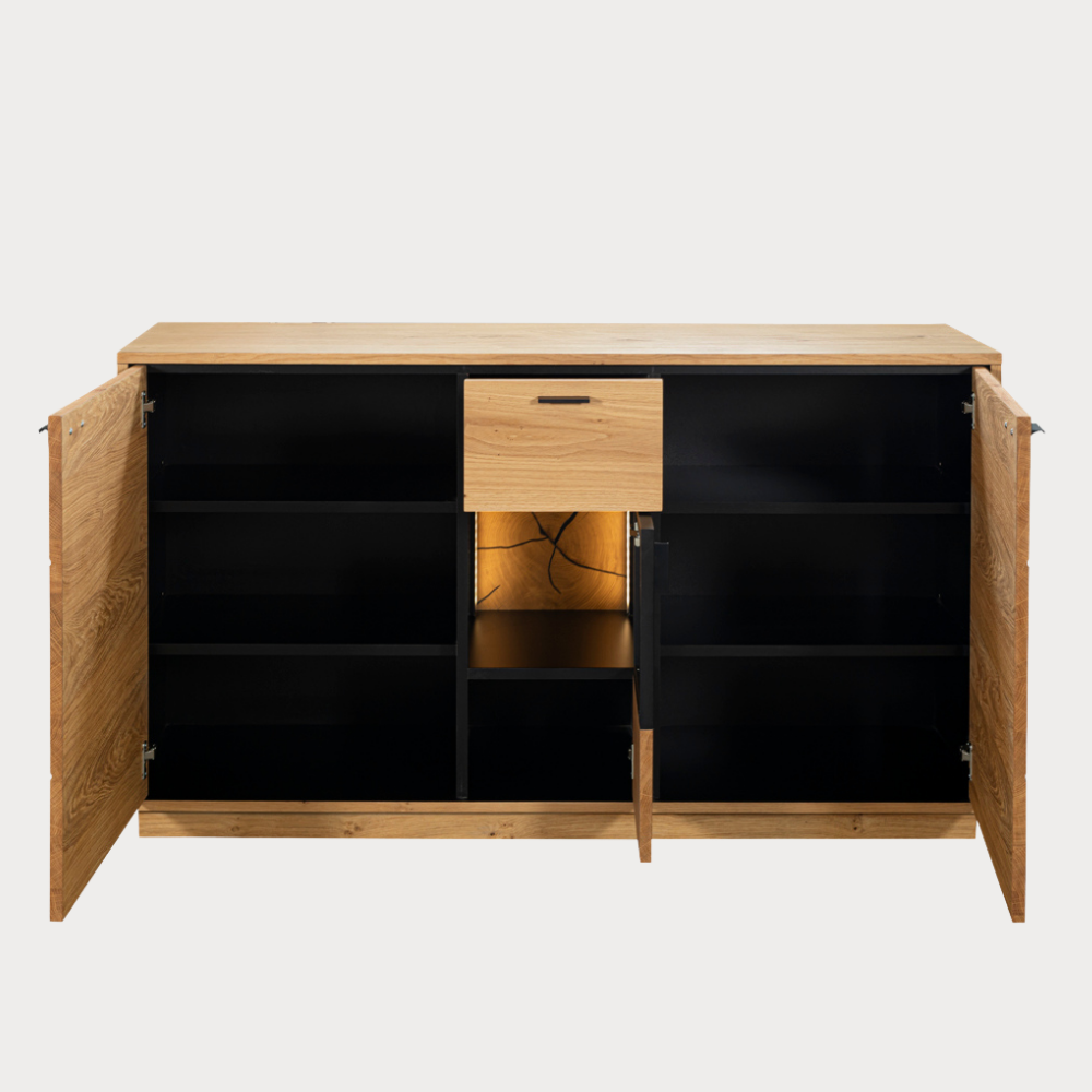 Bufet Urbano Oak Cu 3 Usi Si 1 Sertar, Stejar Rustic Si Negru, 140 Cm