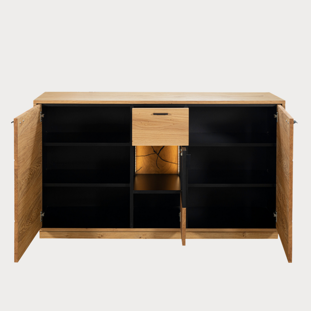 Bufet Urbano Oak Cu 3 Usi Si 1 Sertar, Stejar Rustic Si Negru, 140 Cm