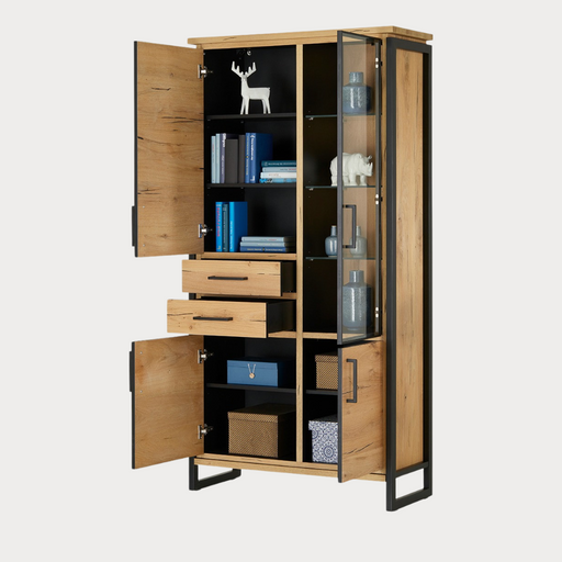 Vitrina Cu 3 Usi Si 2 Sertare Reno, Smoked Oak, Furnir Din Lemn Masiv, 100 Cm