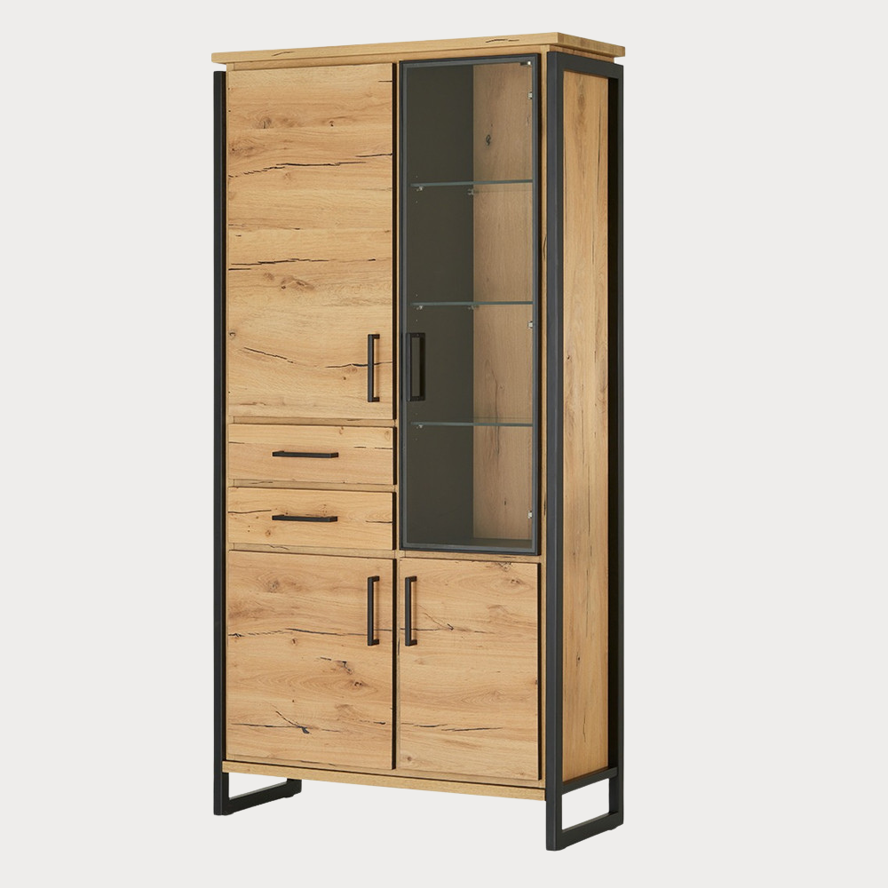 Vitrina Cu 3 Usi Si 2 Sertare Reno, Smoked Oak, Furnir Din Lemn Masiv, 100 Cm