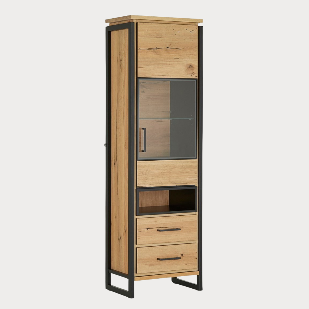 Vitrina Dreapta Reno Cu 1 Usa Si 2 Sertare, Smoked Oak, Furnir Din Lemn Masiv, 60 Cm