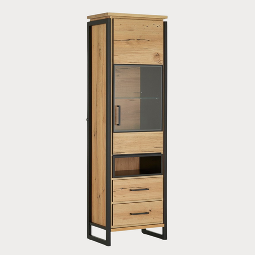 Vitrina Dreapta Reno Cu 1 Usa Si 2 Sertare, Smoked Oak, Furnir Din Lemn Masiv, 60 Cm