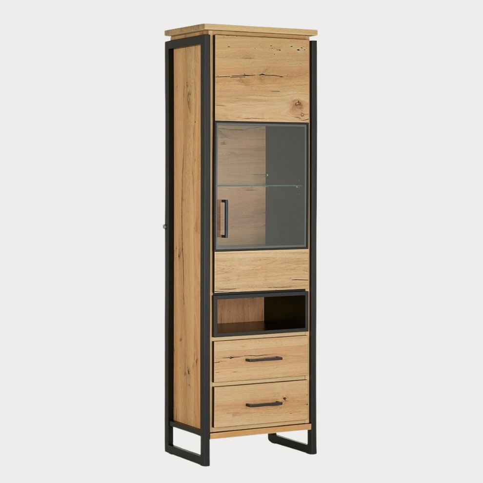 Vitrina Dreapta Reno Cu 1 Usa Si 2 Sertare, Smoked Oak, Furnir Din Lemn Masiv, 60 Cm