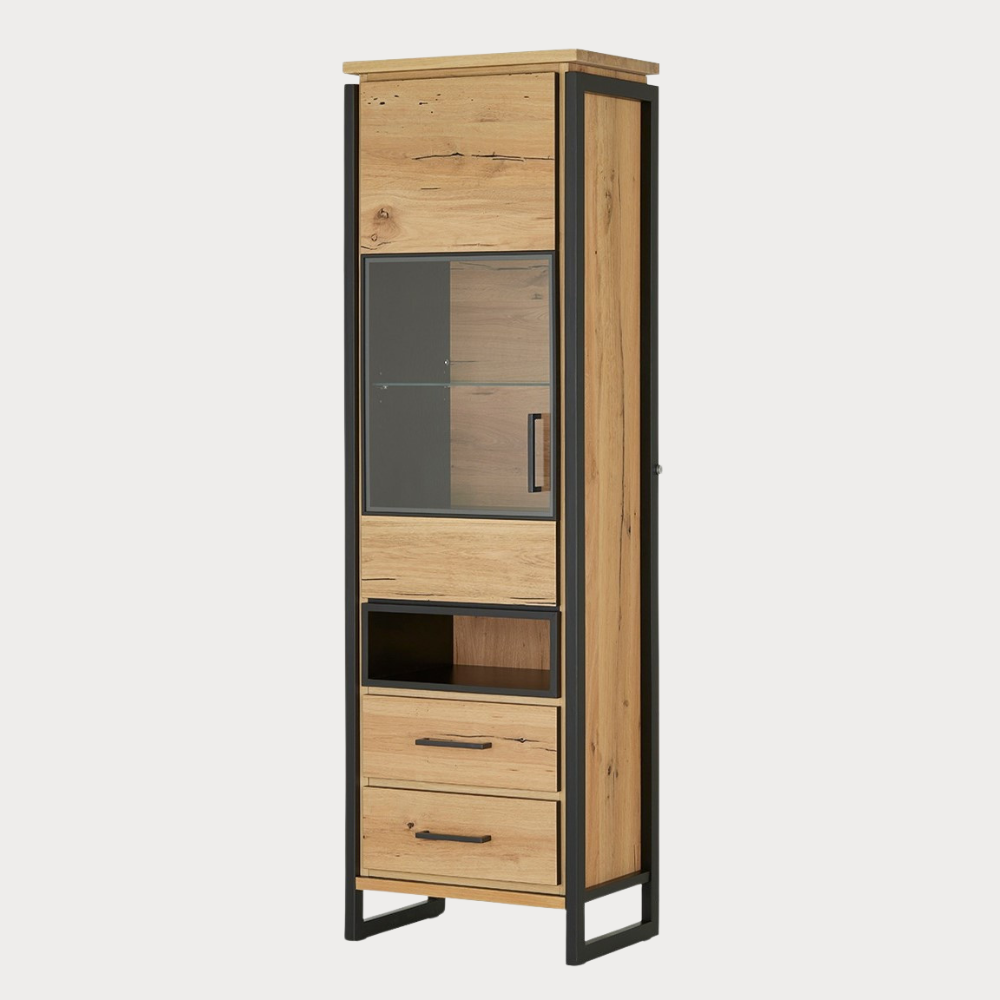 Vitrina Stanga Reno Cu 1 Usa Si 2 Sertare, Smoked Oak, 60 Cm