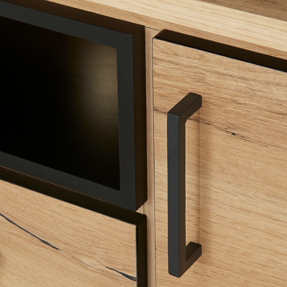 Bufet Reno 235.1x45x82 cm, Furnir Lemn Stejar Afumat si Negru, Mobila Sufragerie, 3 Usi 2 Sertare, Inchidere Silentioasa