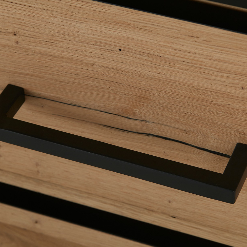 Bufet Reno 235.1x45x82 cm, Furnir Lemn Stejar Afumat si Negru, Mobila Sufragerie, 3 Usi 2 Sertare, Inchidere Silentioasa