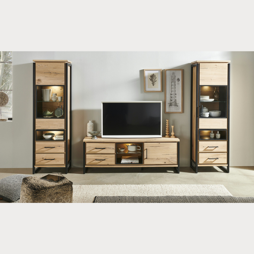 Vitrina Stanga Reno Cu 1 Usa Si 2 Sertare, Smoked Oak, 60 Cm