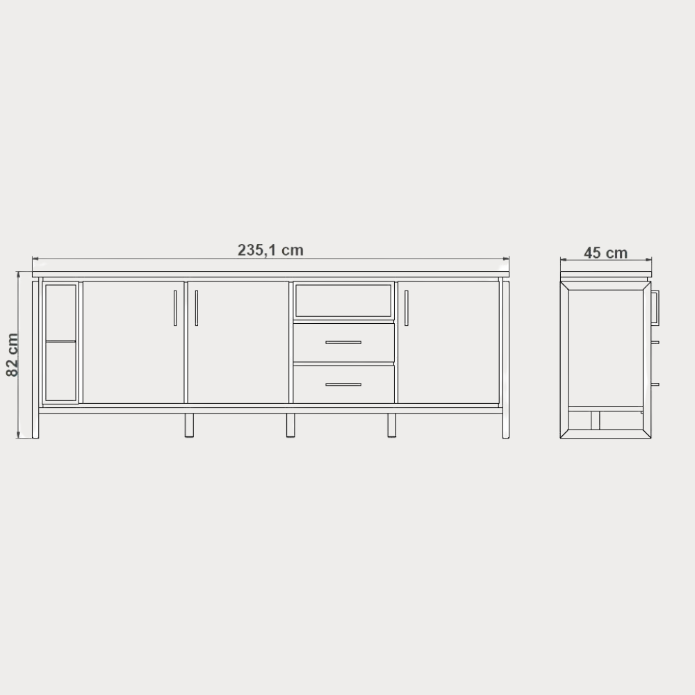 Bufet Reno 235.1x45x82 cm, Furnir Lemn Stejar Afumat si Negru, Mobila Sufragerie, 3 Usi 2 Sertare, Inchidere Silentioasa