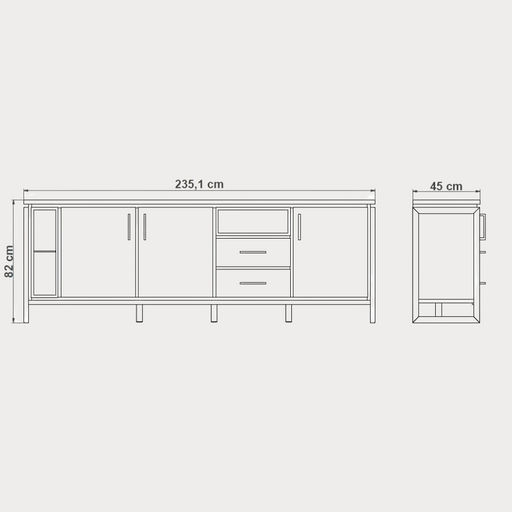 Bufet Reno 235.1x45x82 cm, Furnir Lemn Stejar Afumat si Negru, Mobila Sufragerie, 3 Usi 2 Sertare, Inchidere Silentioasa