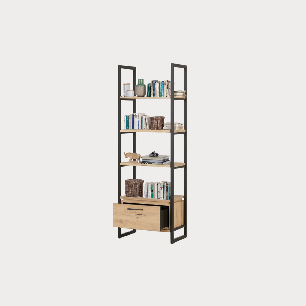 Biblioteca Reno Cu 1 Sertar, Smoked Oak, Furnir Din Lemn Masiv, 69.5 Cm