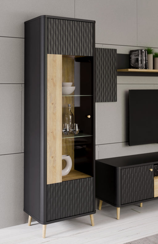 Vitrina Inalta Cu 1 Usa Flexytone, Stejar Mauvella Si Negru Mat, 58.6 Cm