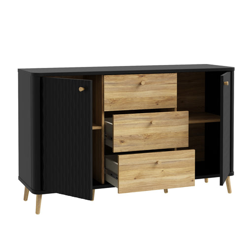 Bufet Cu 2 Usi Si 3 Sertare Flexytone, Stejar Mauvella Si Negru Mat, 138 Cm