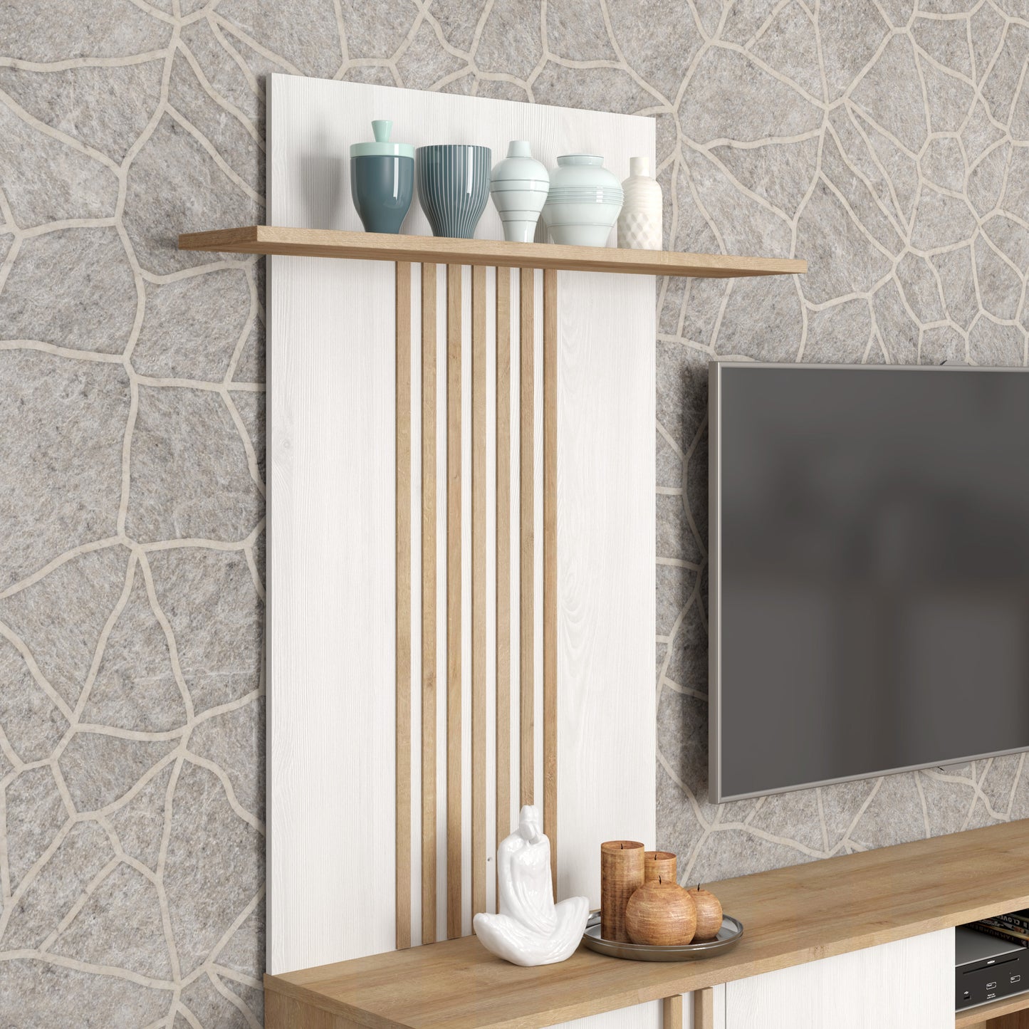 Set Living Santo Compus Din Comoda TV Si Panou Perete, Stejar Riviera Cu Stejar Alb, 222 Cm