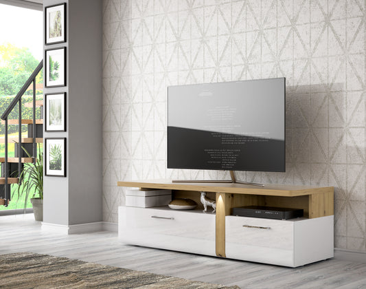 Comoda TV Tuluza, Stejar Artisan Si Alb Lucios, 163.2 Cm