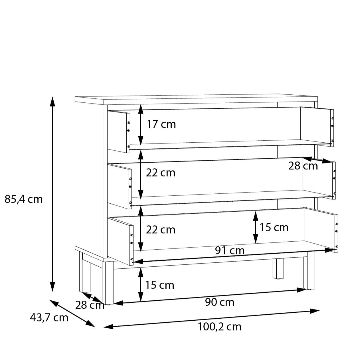 Comoda 3 Sertare Pickadilly, Gri Deschis Si Stejar Pamantiu, 100.2 Cm