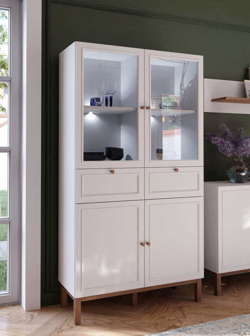 Vitrina 4 Usi Si 2 Sertare Pickadilly, Gri Deschis Si Stejar Pamantiu, 99.9 Cm