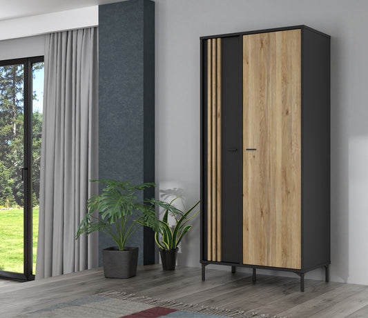 Dulap Cu 2 Usi Jeremix, Stejar Mauvella Si Negru Mat, 92 Cm
