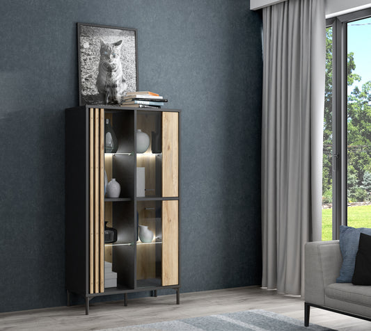 Vitrina Joasa Cu 2 Usi Jeremix, Stejar Mauvella Si Negru Mat, 87 Cm
