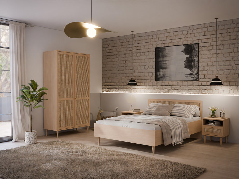 Set Dormitor Charleston, Dulap Cu 2 Usi, Noptiere Si Pat Cu Dimensiune saltea 140 x 200 Cm