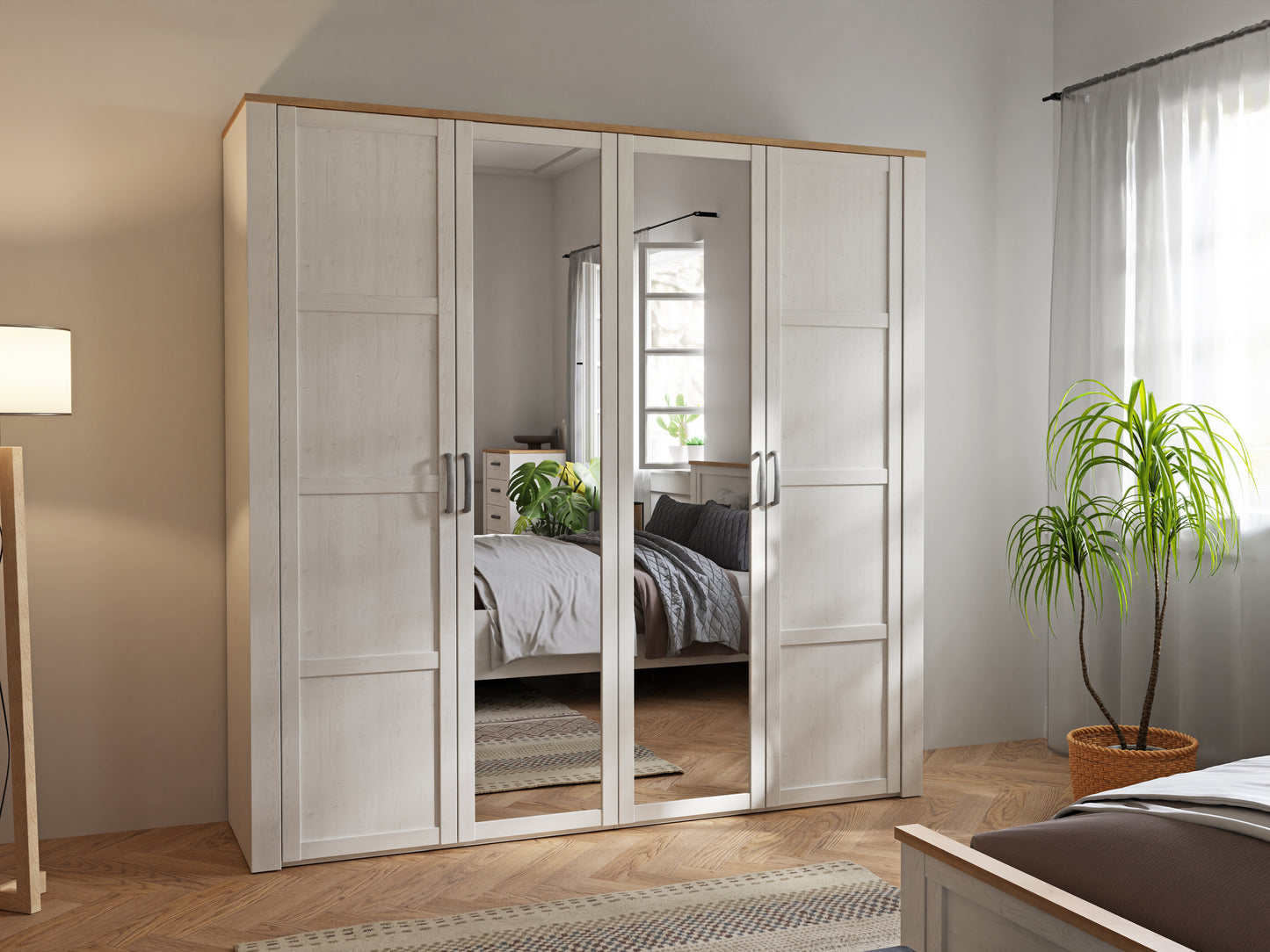 Dulap 4 Usi Blanche, Oglinzi, Stejar Riviera Si Zada Deschis, 215.9 Cm